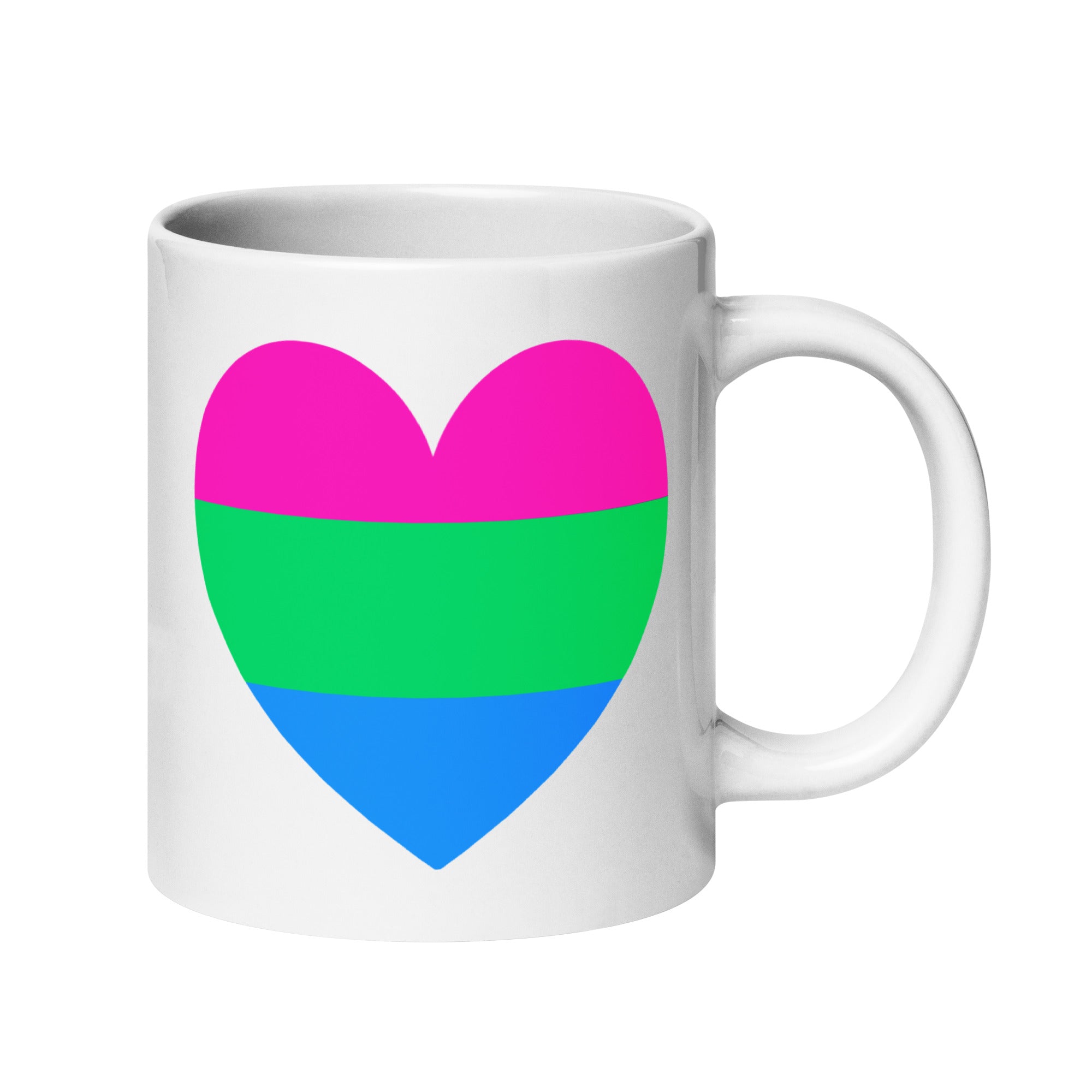 The Polysexual Heart Mug by Pridelity from the Pride Collections 2025 showcases a white design featuring a heart with three horizontal stripes: pink on top, green in the middle, and blue at the bottom.