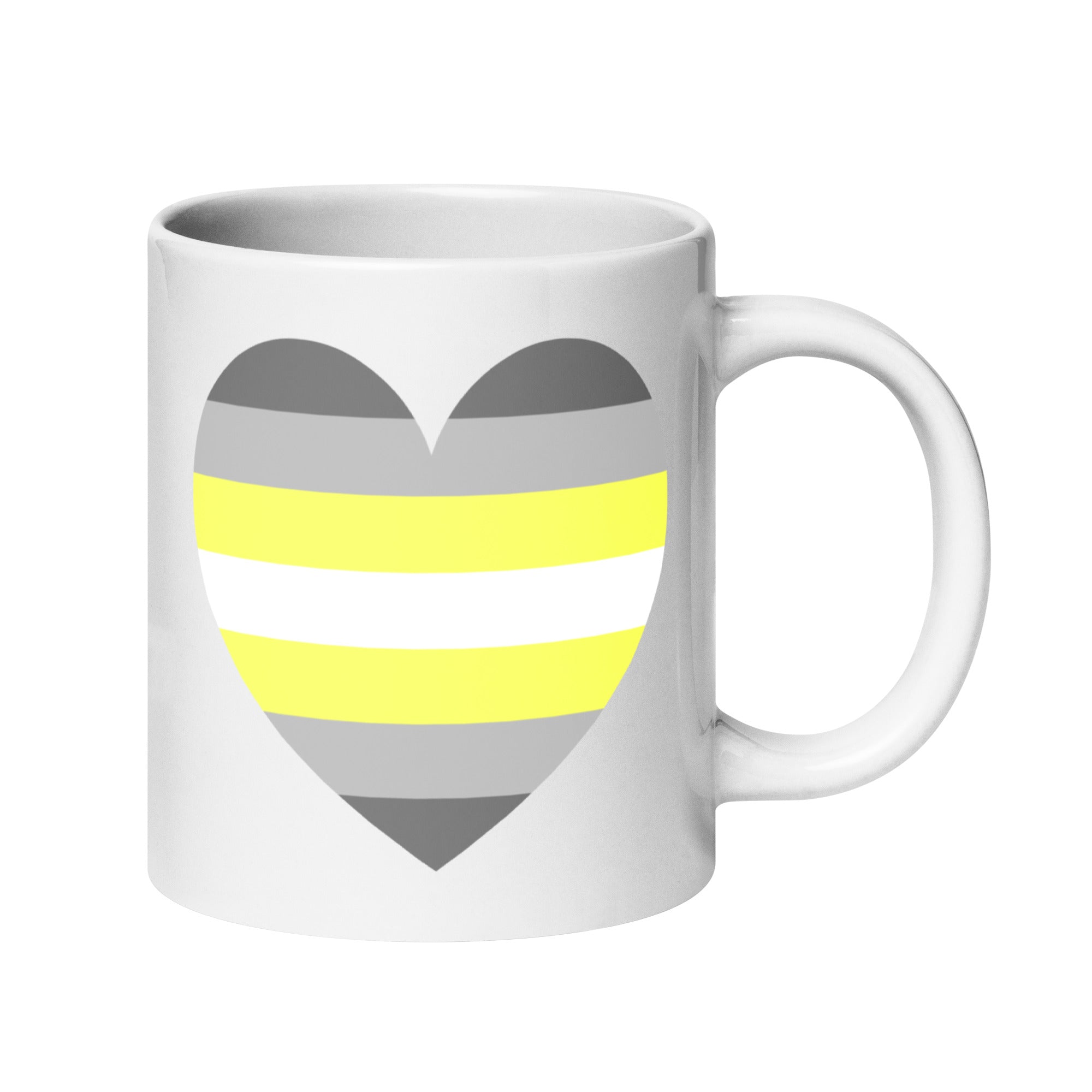 Introducing the Demigender Heart Mug by Pridelity - a stunning white mug featuring a heart design with horizontal stripes in gray, yellow, and white tones, symbolizing the agender pride flag. This standout piece from our Pride Collections prominently showcases the heart on its side, making it an ideal addition to your Pride merchandise.