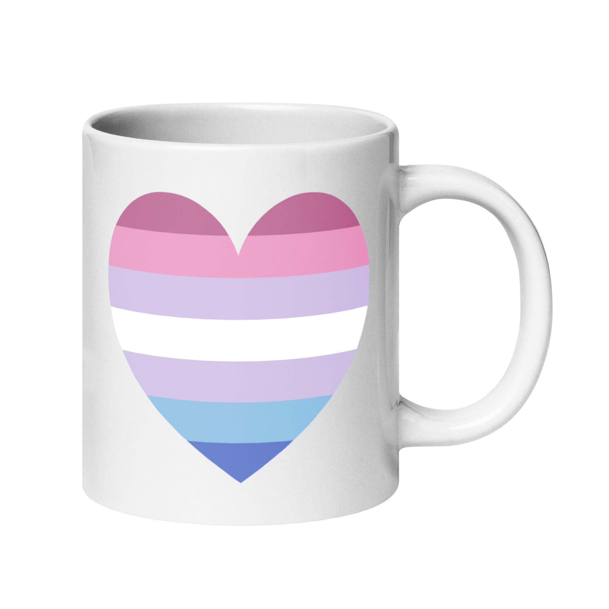 The Bigender Heart Mug by Pridelity is a white mug adorned with a heart design that has horizontal stripes in shades of pink, purple, and blue, celebrating Pride.