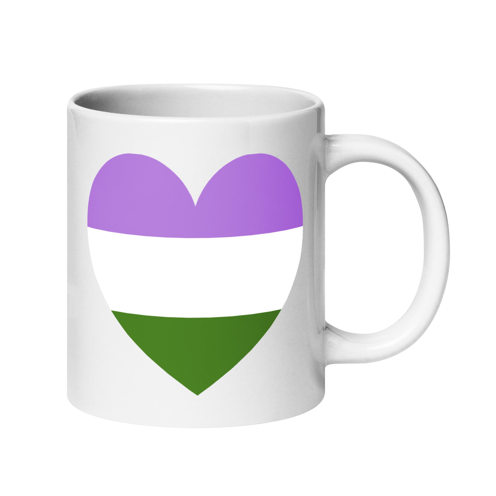 Introducing the Genderqueer Heart Mug by Pridelity, a standout piece from the best pride collections of 2025. This white mug features a heart design adorned with horizontal stripes in purple, white, and green, symbolizing the genderqueer pride flag.