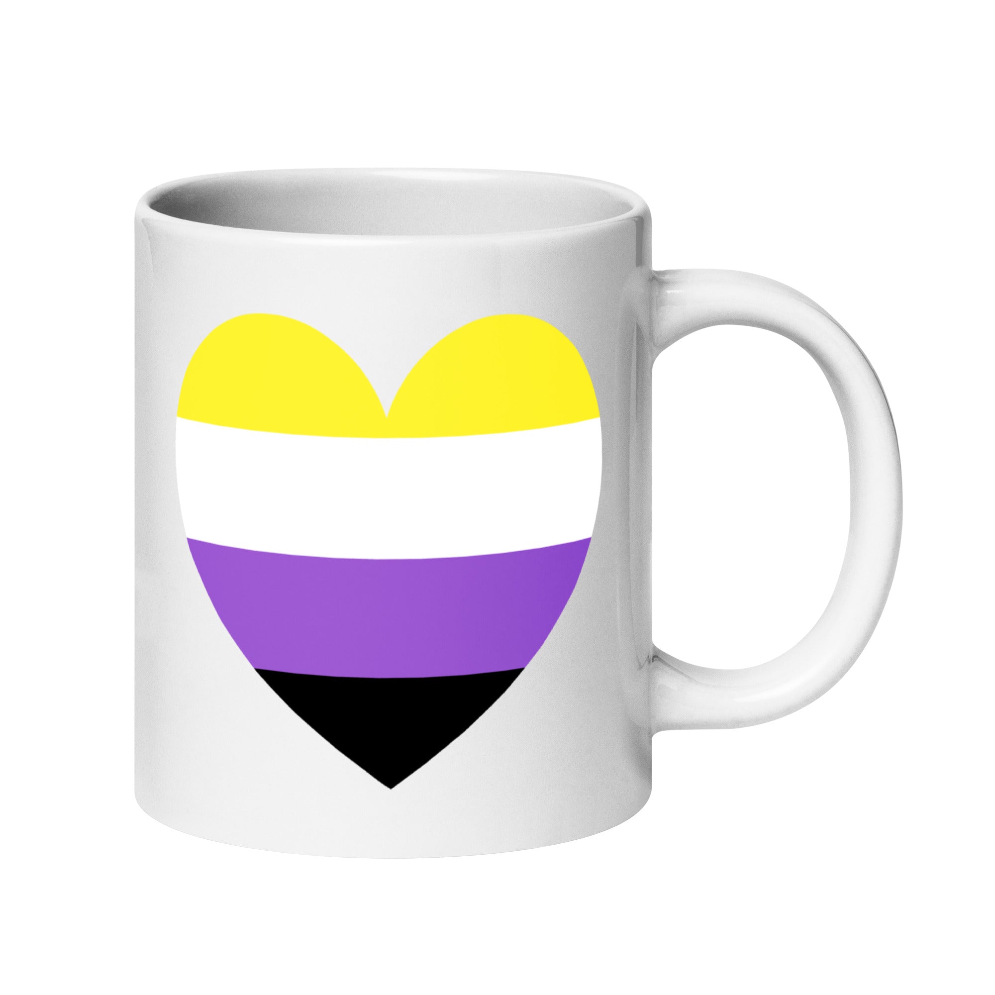 The Pridelity Nonbinary Heart Mug is a white mug showcasing a heart-shaped design with horizontal stripes in yellow, white, purple, and black, proudly part of the Pride Collections 2025.