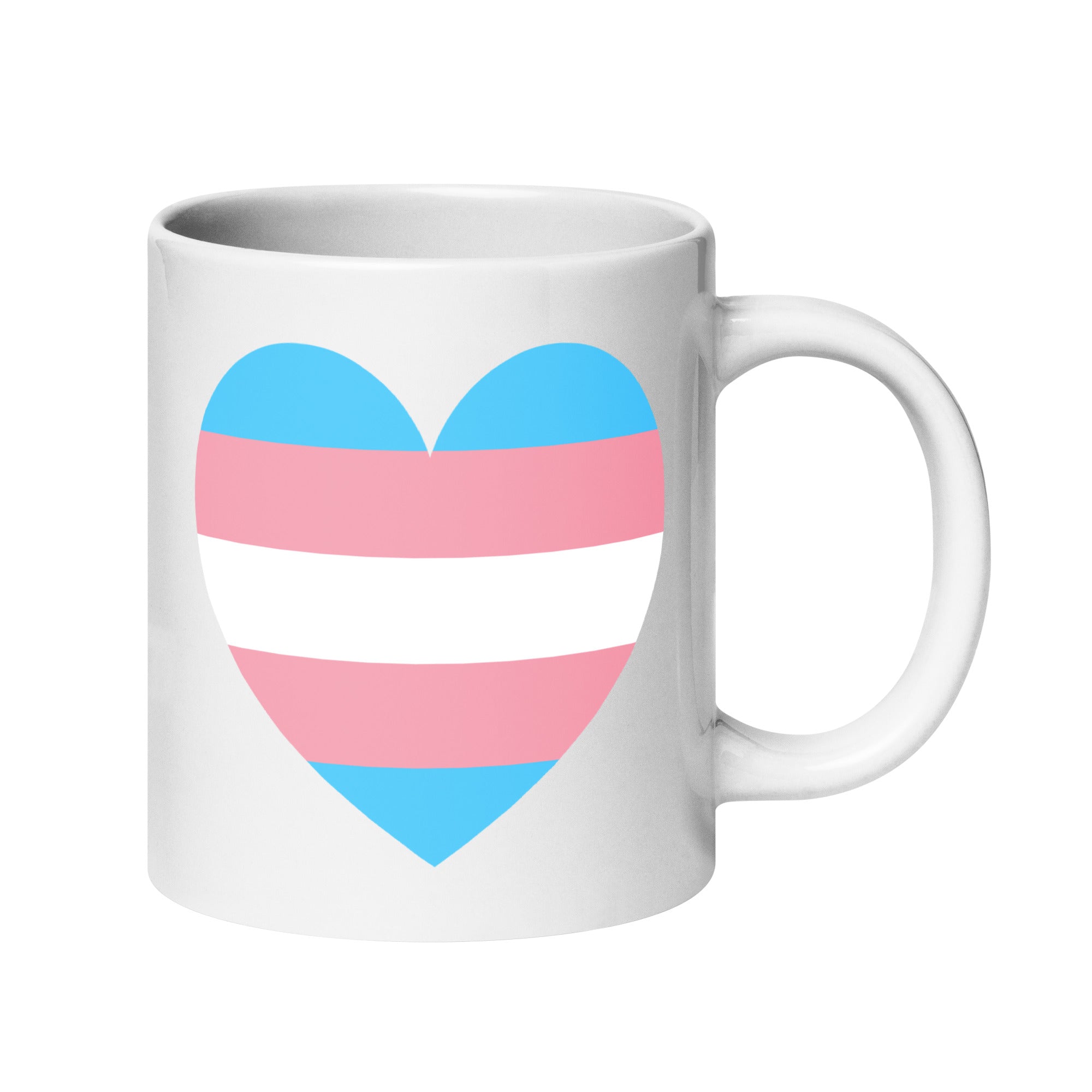 The Trans Heart Mug by Pridelity, part of the Pride Collection 2025, is a white mug featuring a heart design with horizontal stripes in light blue, pink, and white that represent the transgender pride flag.