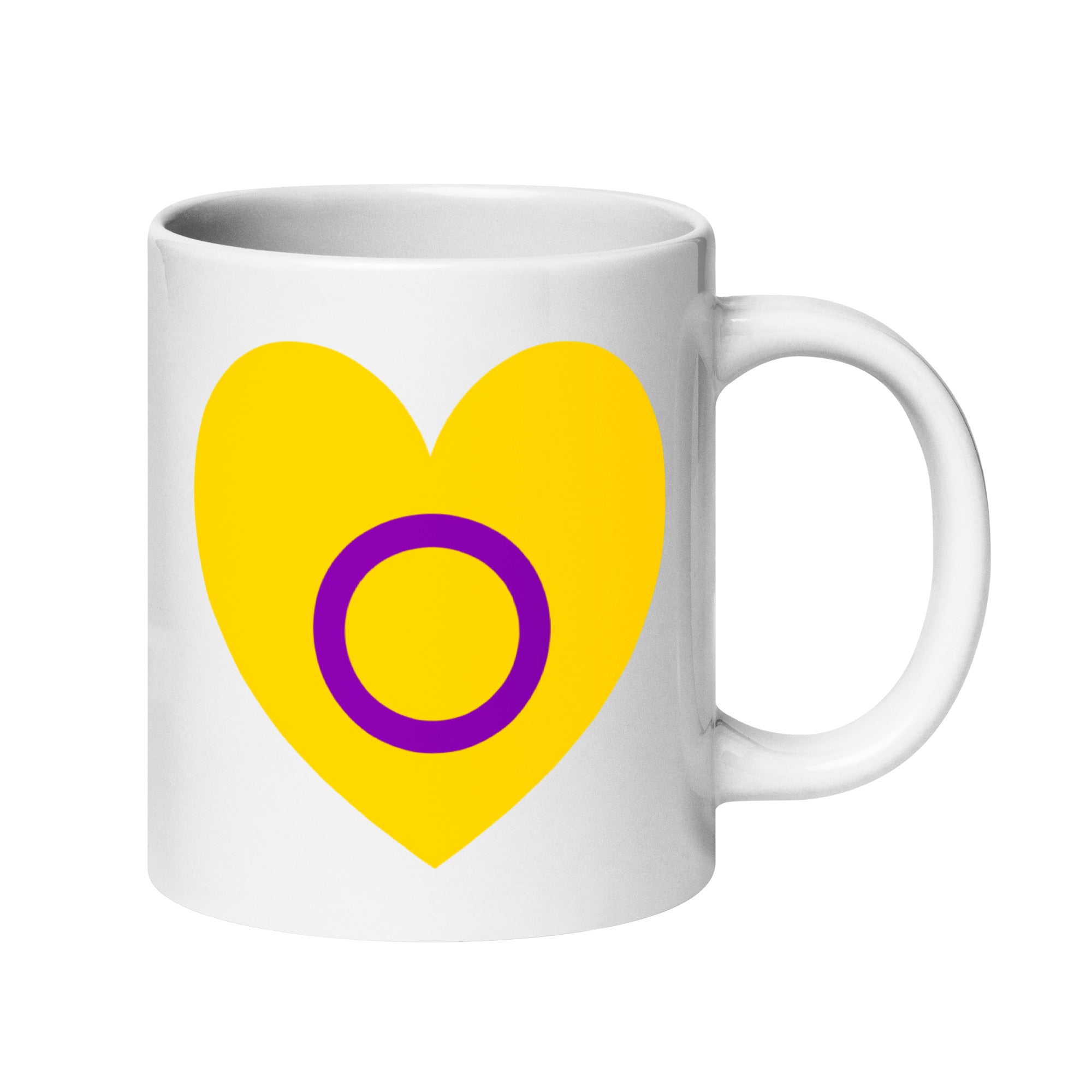 Introducing the Intersex Heart Mug from Pridelity's renowned 2025 pride collection. This white mug features a vibrant yellow heart with a purple circle at its center, and its elegantly placed handle on the right side adds to its charm.