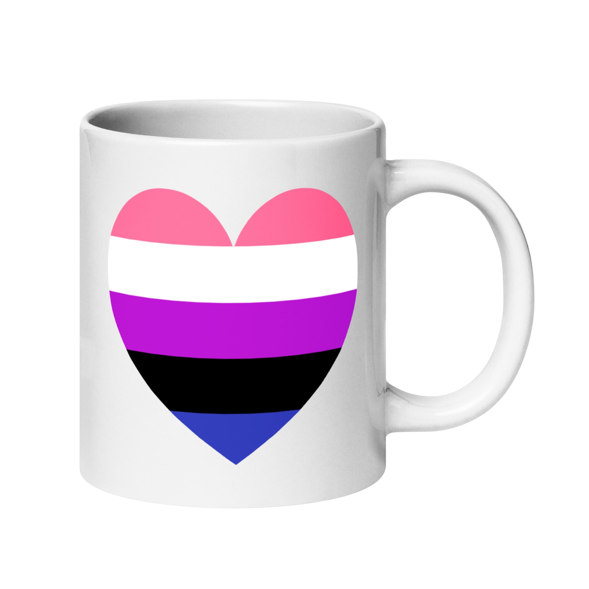 The Genderfluid Heart Mug by Pridelity is a standout piece from the best pride collections of 2025, featuring a heart-shaped design adorned with horizontal stripes in pink, white, purple, black, and blue.