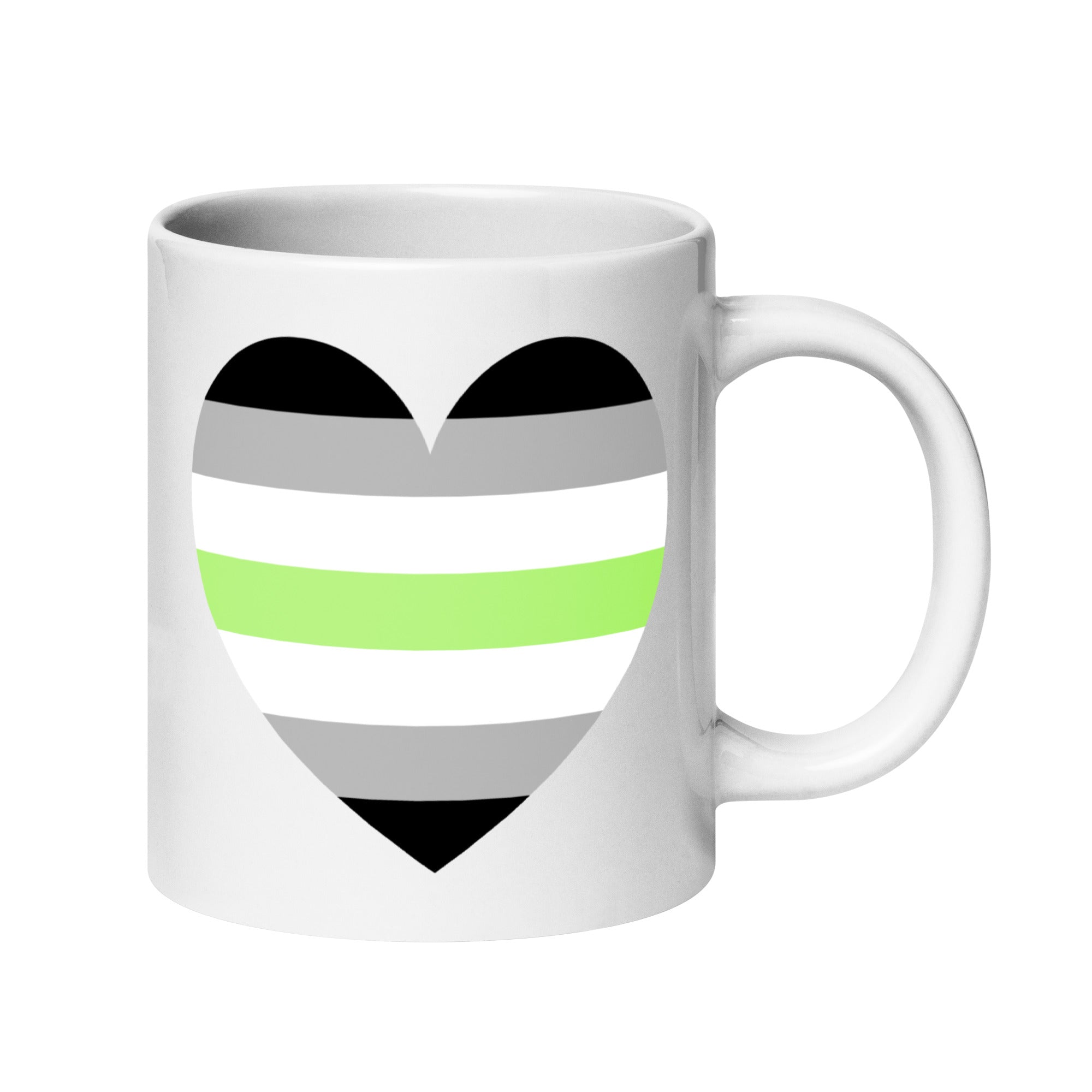 The Agender Heart Mug by Pridelity boasts a charming heart design adorned with black, gray, white, and green stripes that represent the agender pride flag. Safe for use in dishwashers and microwaves, this ceramic mug is available for shipping from Europe and the USA.