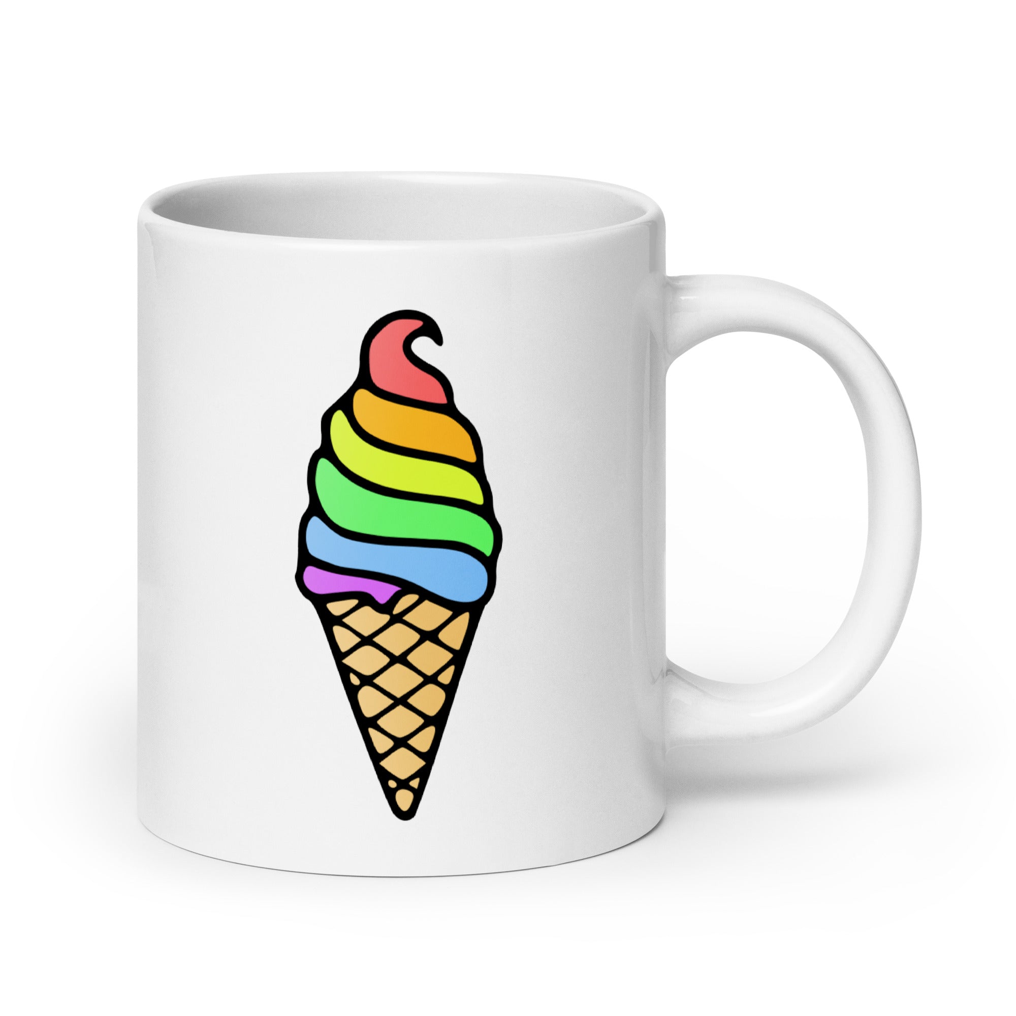 The Ice Cream Pride Mug by Pridelity from the top Pride collections of 2025 showcases a lively ice cream cone design adorned with rainbow swirls on its front. Set against a plain white background, this mug beautifully accentuates its colorful allure.