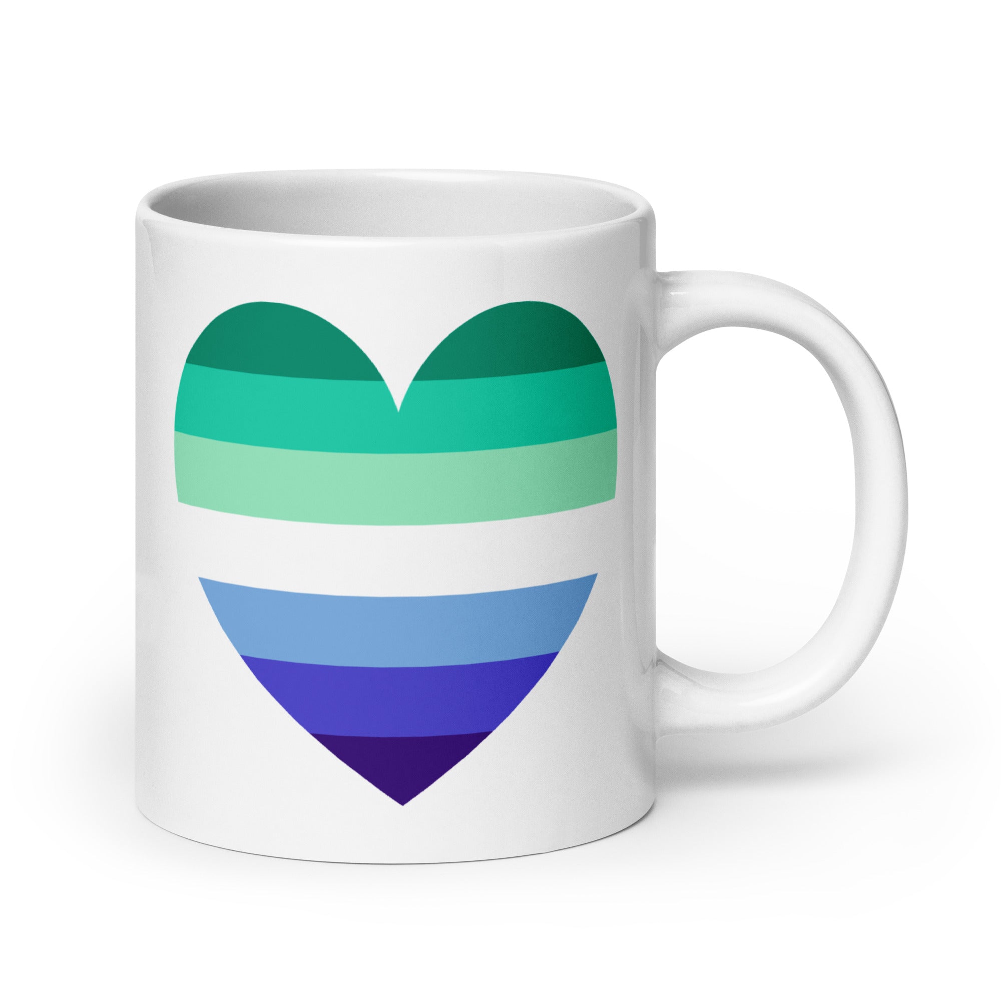 Introducing the Gay Men Heart Mug by Pridelity, a standout piece from the best pride collections 2025. This white mug features a striking heart design composed of horizontal stripes in shades of green and blue on its side, with the handle conveniently located on the right.