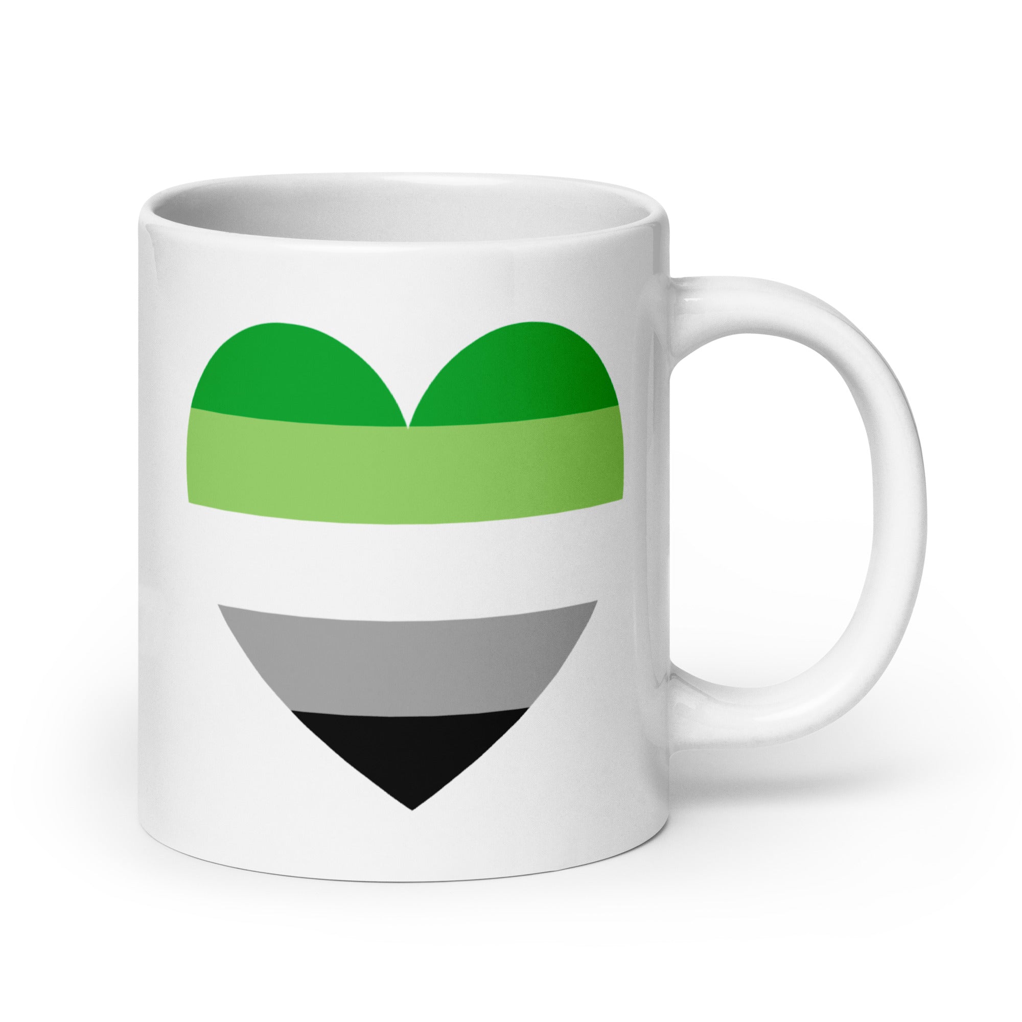 Explore our Pride Collections with the Aromantic Heart Mug by Pridelity. This white mug is adorned with a heart design featuring horizontal stripes in dark green, light green, white, gray, and black, beautifully celebrating the aromantic pride flag.