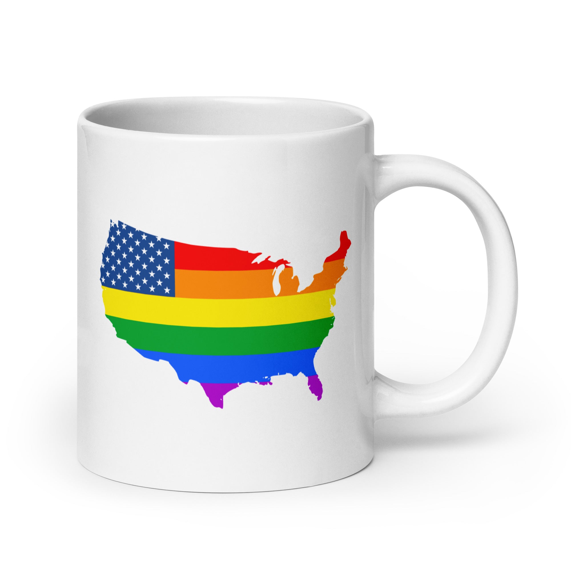 US Map Pride Mug by Pridelity, part of the Pride Collection 2025, showcases an outline of the United States adorned with a rainbow flag that harmoniously integrates stars and stripes with vivid rainbow colors.