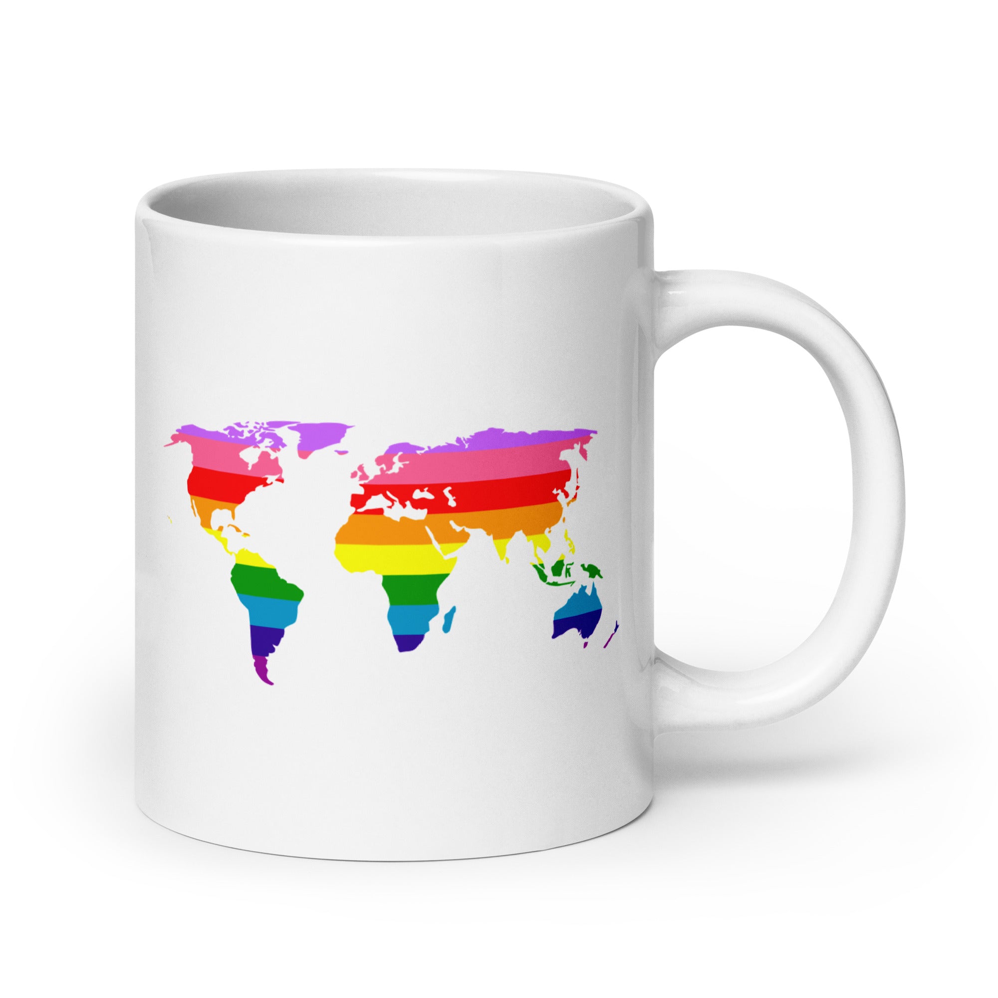 As part of Pridelity's Pride Collection 2025, the World Pride Mug features a world map design with continents adorned in rainbow stripes to symbolize LGBTQ+ pride. The mug's vibrant colors elegantly transition from red at the top to purple at the bottom.