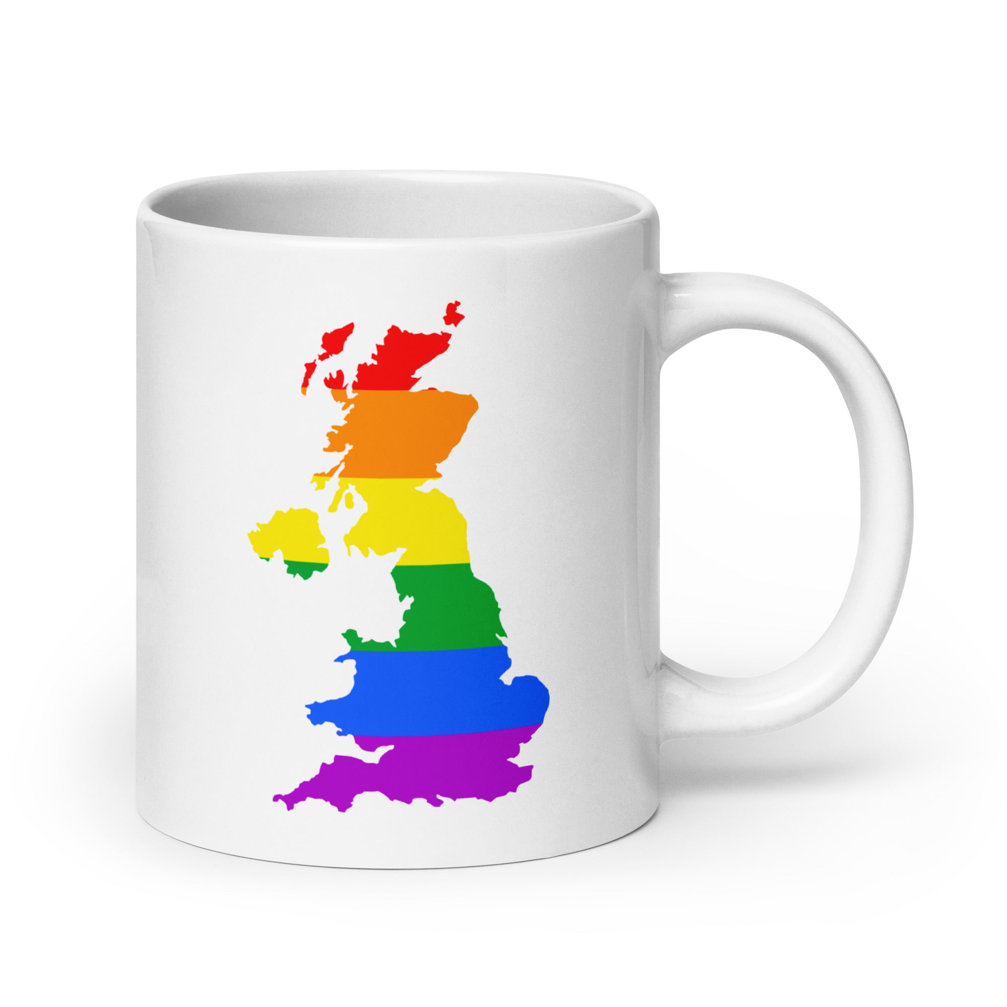 Introducing the British Isles Pride Mug by Pridelity, a white mug displaying a rainbow-colored silhouette of the United Kingdom that beautifully transitions from red to purple. As part of our exclusive Pride Collections, this vibrant piece is ideal for showing your support.